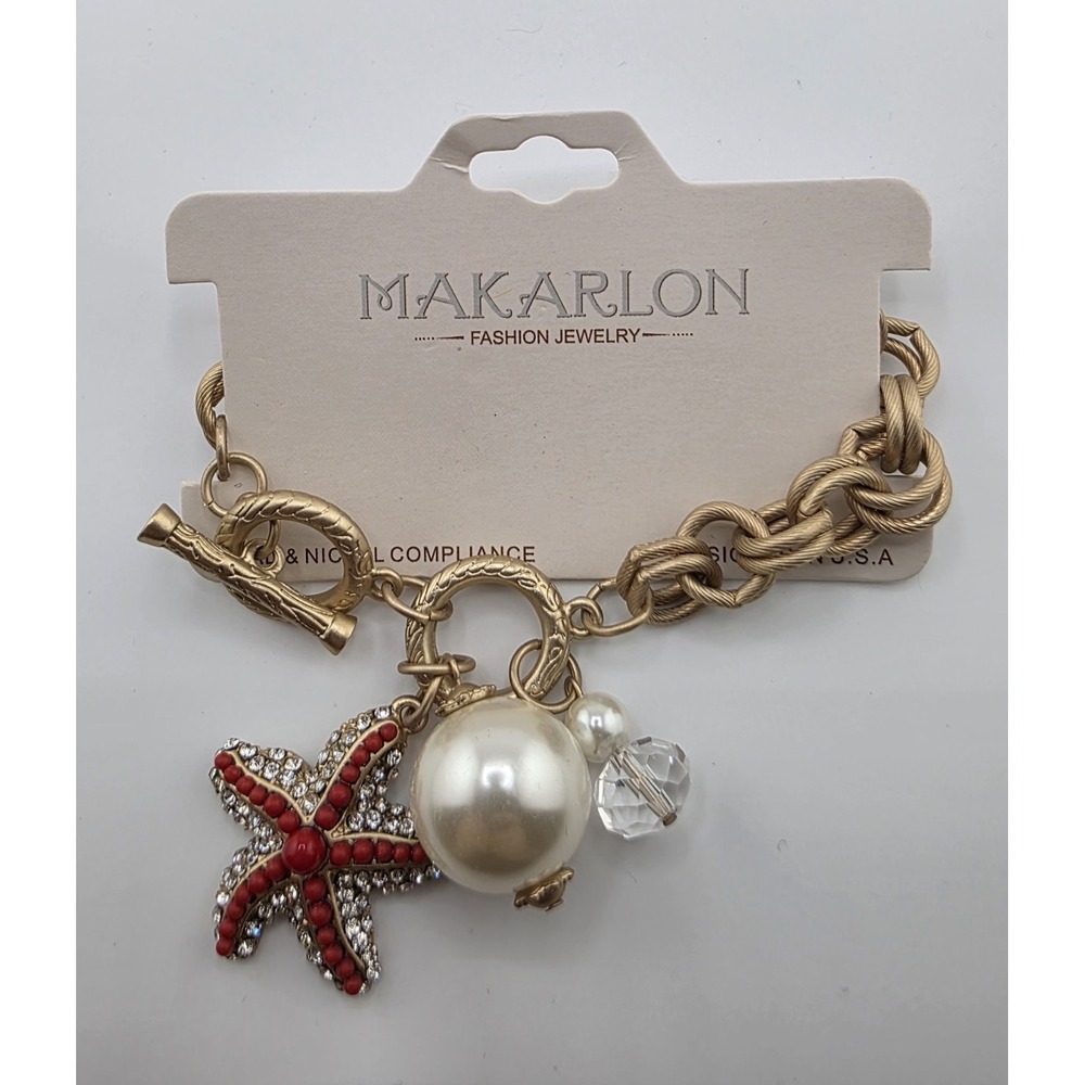 Makarlon Starfish Charm Bracelet Gold Tone Pearl Crystal Toggle Beach Coastal